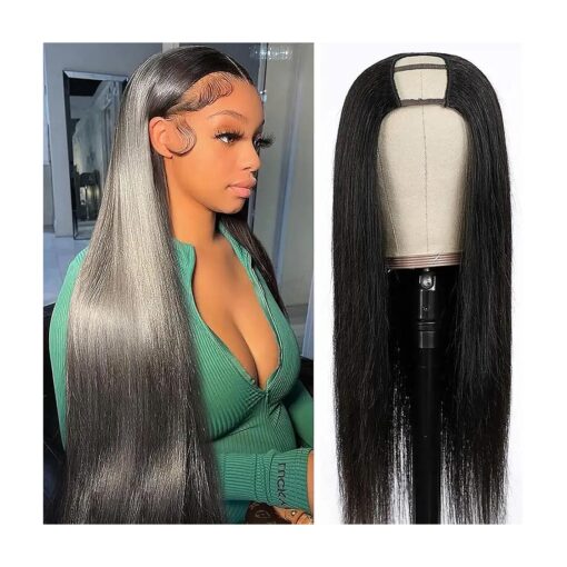 Ernesto U Part Wig Human Hair Wigs 100 % Remy Straight Human Hair Wigs Unprocessed virgin Brazilian Human Hair half wigs Glueless Natural Color U part wigs For Black Women Human Hair, 24