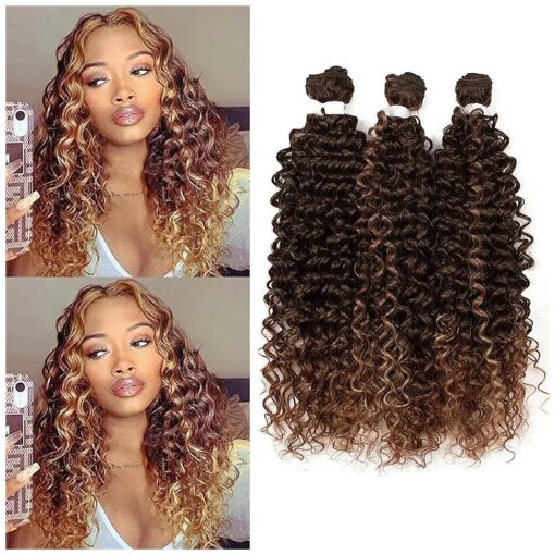 Noble Hair Synthetic Kinky Curly 3 Bundles with Closure High Temperature Heat Resistant Hair 28" Curly Weft Extensions Weaves Ombre Brown Color