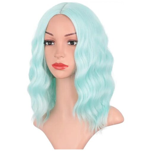 Earfodo Mint Green Wig Short Curly Wavy Bob Wig 14 Inch Shoulder Length Middle Part Green Wigs for Women Heat Resistant Synthetic Party Costume Halloween Cosplay Wig For Girls Wear