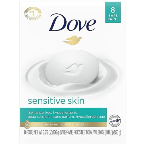 Dove Beauty Bar More Moisturizing Than Bar Soap for Softer Skin, Fragrance Free, Hypoallergenic Sensitive Skin With Gentle Cleanser 3.75 oz ( Pack of 8 )