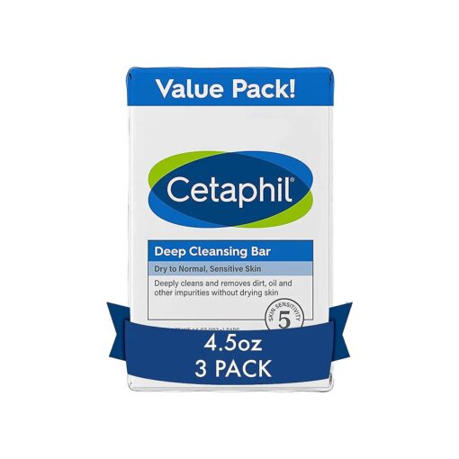 Cetaphil Bar Soap, Deep Cleansing Face and Body Bar, Pack of 3, For Dry to Normal, Sensitive Skin, Soap Free, Hypoallergenic, Paraben Free, Removes Makeup, Dirt and Oil