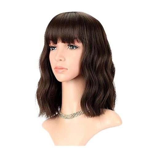 FAELBATY Short Brown Wigs With Bangs Shoulder Length Wig For Women Curly Wavy Synthetic Cosplay Wig for Girl Costume Wigs ( 12" Natural Black Dark Brown Mix Color )