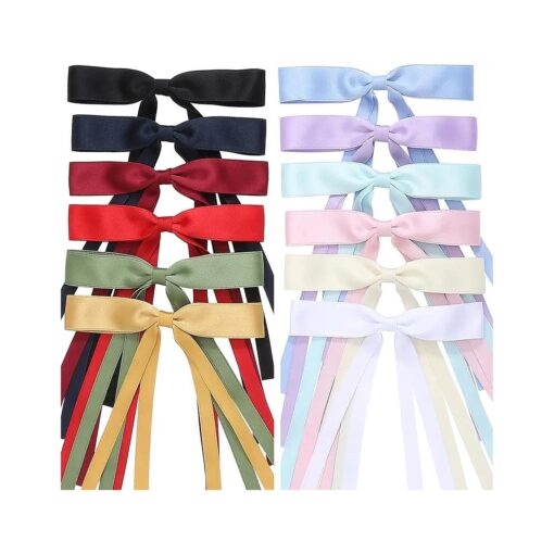 12 PCS Hair Bows for Women, Hair Ribbon with Long Tail Bowknot Hair Clips for Women Girls, Hair Barrettes with Bow Accessories ( 12 Color mixing )