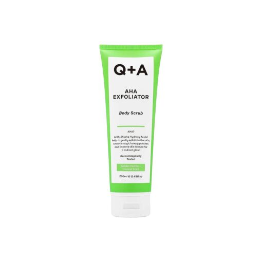 Q+A AHA Exfoliator Body Scrub, blend of AHA 's Lactic Acid and Glycolic Acid combined with exfoliants, improves skin texture and promotes soft and supple skin, 250ml