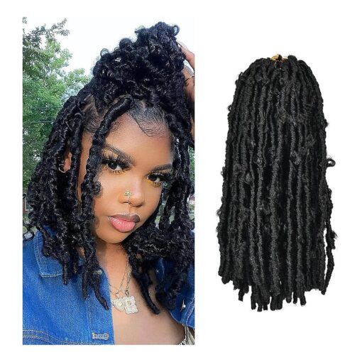 Butterfly Locs Crochet Hair 8 Packs 96 Strands - 12 Inch # 1B Short Soft Handmade Distressed Synthetic Braids Pre Looped Locs Crochet Hair for Women