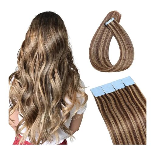 18Inch Tape In Hair Extensions Human Hair Chocolate Brown to Caramel Brown 100 % Remy Human Hair Extensions Real Human Hair Soft Thick To End 50g/Pack 20pcs Seamless Weft ( # 4p27 )