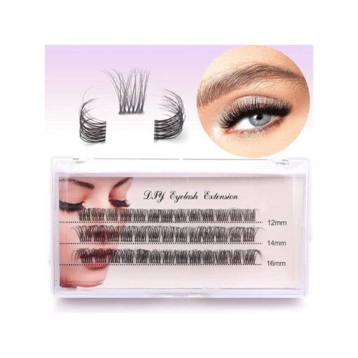 Veleasha DIY Eyelash Extension Individual Lashes with Clear Band D Curl Lash Extension Strip 39 Clusters Reusable Wispy False Eyelashes for Personal DIY at Home / FD02 12-16MM