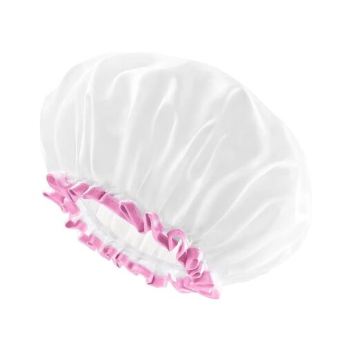 mikimini White Large Shower Cap for Women Long Hair, Reusable Waterproof Double Layers Bathing Hair Cap Soft Comfortable PEVA Lining, Cute, Non-fading & Stretchy Shower Hat X-Large Pack of 1