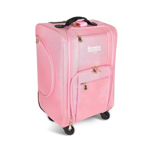 Kemier Professional Rolling Makeup Case - Train Case Makeup Travel Portable Artist Cosmetic Trolley Case Soft Side Nylon Organizer Storage bag with Wheels for Cosmetology Nail Hairstylist MUA Pink