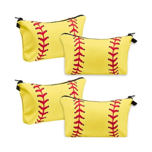 4 Pieces Sport Makeup Bags Sport Cosmetic Bags Sport Pouch Bag Travel Portable Travel Toiletry Bag for Women, Team Player ( Yellow, Softball )