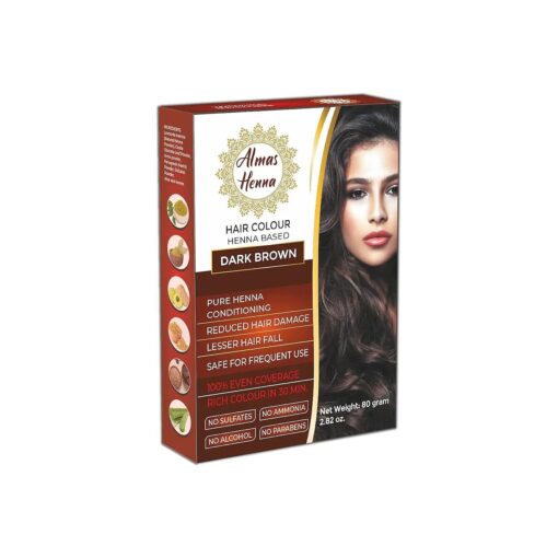 Almas Henna 80 GRAM Hair Color 100 % Organic Henna Powder Infused with Goodness of Herbs, Natural Henna Hair Color For Soft Shiny Hair, henna hair dye ( 2.82 OUNCE, DARK BROWN )