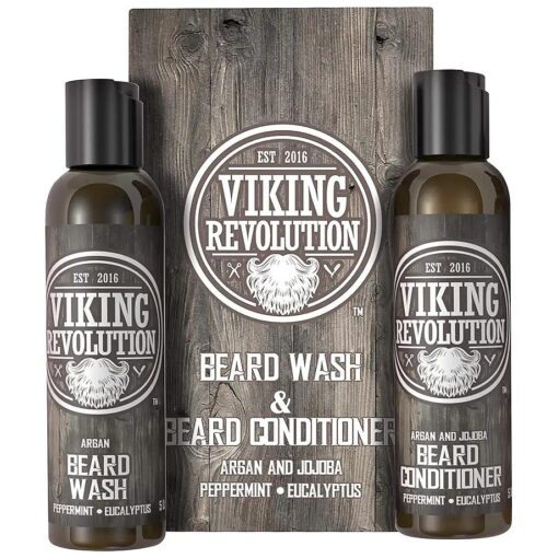 Viking Revolution Beard Wash & Beard Conditioner Set w/Argan & Jojoba Oils - Softens, Smooths & Strengthens Beard Growth - Natural Peppermint and Eucalyptus Scent - Beard Shampoo w/Beard Oil ( 5 oz )