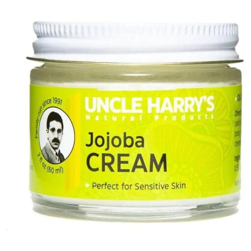 Uncle Harry 's Natural Products Jojoba Cream, Smooth Lightweight Fragrance Free Jojoba Esters, Gentle and Non-Comedogenic Perfect for Sensitive Skin, Gluten and Hexane Free Vegan, 2 Ounce Glass Jar