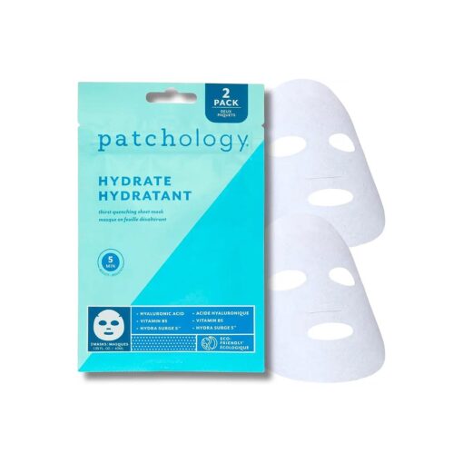 Patchology Hydrating Face Mask with Hyaluronic Acid - Fast Acting Skincare Treatment, Moisturizing Sheet Masks for Men & Women with Skin Hydration Boost that moisturizes and softens face - 2 Count