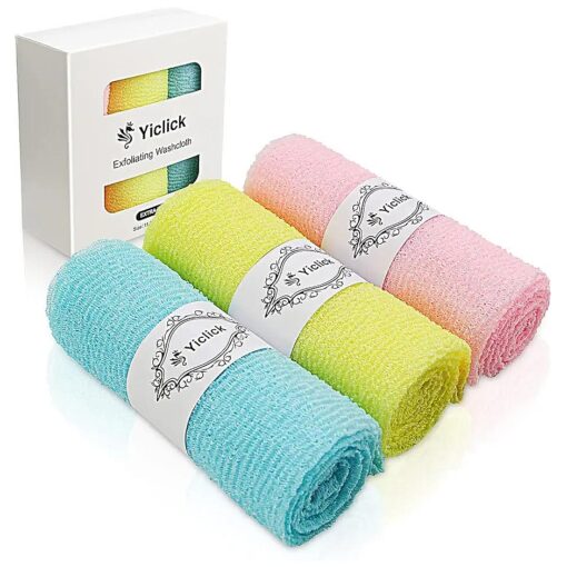 Yiclick Exfoliating Washcloth Towel [ 3 Pack ], Japanese Exfoliating Bath Wash Cloth for Body Exfoliation, Korean Back Scrubber Washer for Shower, African Net Sponge Brush Loofah Exfoliator ( 3 Colors )