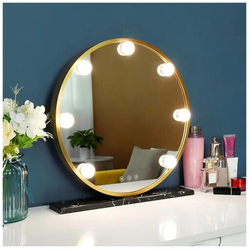 Round Makeup Mirror with Lights, 16" Desk Vanity Mirror with Marble Stand, 3 Color Modes, Detachable 10X Magnification, 7 Dimmable LED, Smart Touch Control Light up Mirror Gold, Hollywood