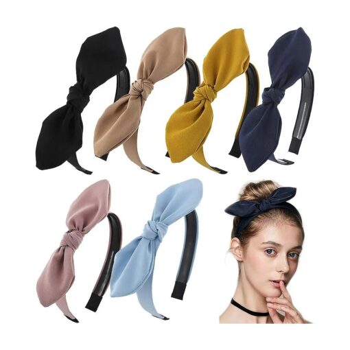 Solid Bow Headbands for Women Twist Knot Headbands Wired Rabbit ears Plastic Headbands with Teeth Elastic Cloth Bowknot Headwrap Hair Accessory, Pack of 6