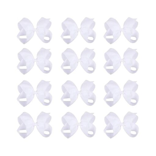 DEEKA 12 PCS 6" Big Hand-made Grosgrain Ribbon Hair Bow Alligator Clips Hair Accessories for Little Teen Toddler Girls - White