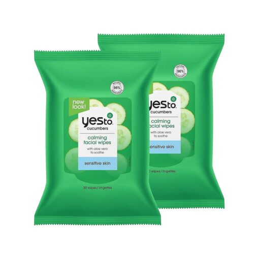 Yes To Face Wipes for Women and Men, Sensitive Facial Cleansing Wipes for use as a Make Up Remover, Cleaning, Soothing, Cucumbers Aloe Vera ( Pack of 2 )