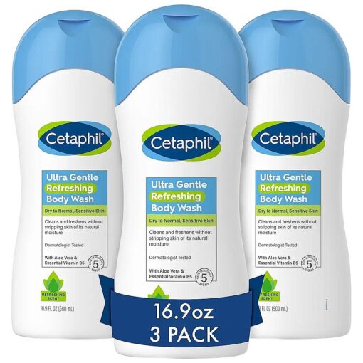 Cetaphil Ultra Gentle Refreshing Body Wash, Refreshing Scent For Dry to Normal, Sensitive Skin, 16.9oz Pack of 3, with Aloe Vera, Calendula, Vitamin B5, Hypoallergenic, Dermatologist Tested