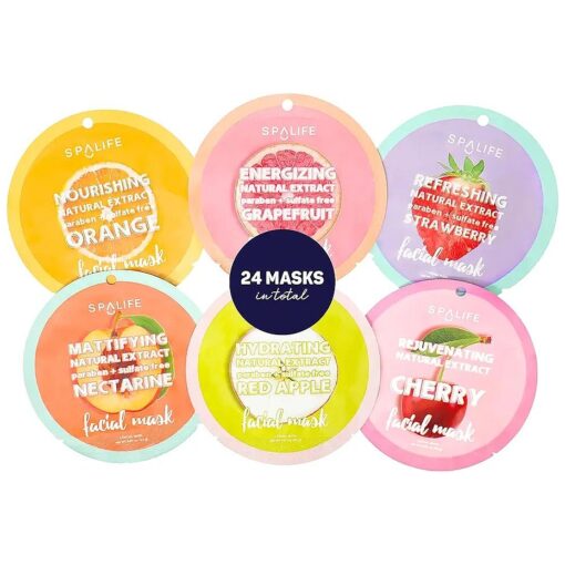 SpaLife Beauty Fruit Facial Sheet Masks 24 Pack - Face Masks Skincare Set - Hydrating Face Masks - 6 Natural Fruit Extract Formulas -Orange, Grapefruit, Strawberry, Cherry, Nectarine, Red Apple