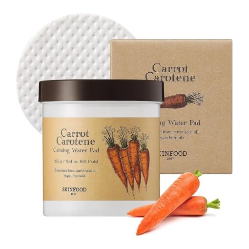 SKINFOOD Carrot Carotene Calming Water Pad 250g ( 8.81 oz, ) 60 Sheets- Redness Relief Soothing Facial Toner Pads for Sensitive Skin