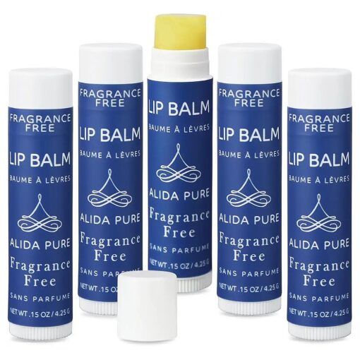 Fragrance Free Lip Balm, Vegan Unscented, No Flavor, Beeswax Free, Natural, Organic Jojoba Oil, Avocado Oil, Candelilla Wax, and Vitamin E, for Dry, Chapped, or Cracked Lips, 5 Tube Set