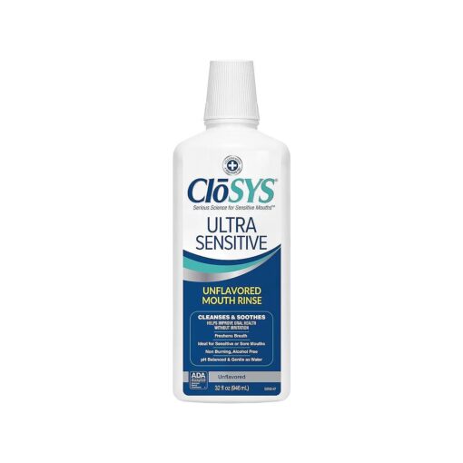 CloSYS Ultra Sensitive Mouthwash, 32 Ounce, Unflavored ( Optional Flavor Dropper Included ), Alcohol Free, Dye Free, pH Balanced, Helps Soothe Entire Mouth