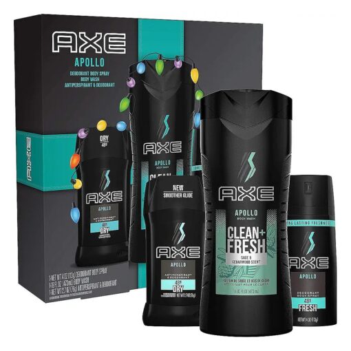 AXE Apollo Gift Set With Body Spray, Antiperspirant & Deodorant Stick and Body Wash for Grooming for Holiday 3 count