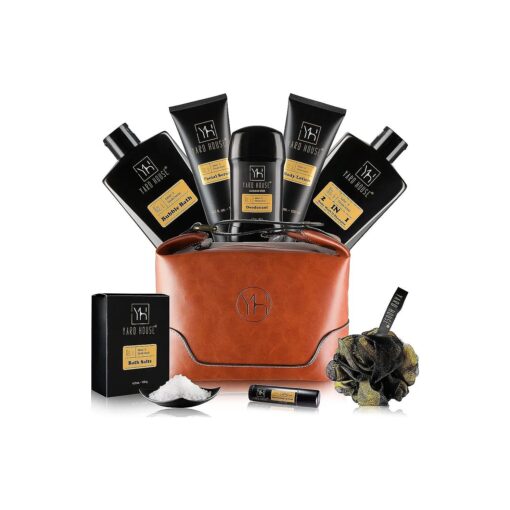 Bath and Body Gift Set for Men - Sandalwood Amber - Birthday, Christmas, Fathers Day Gifts From Wife Daughter Son for Husband, Dad - Relax Spa Kit w. Full Size Items in Deluxe Toiletry Bag