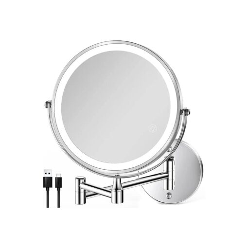 8.5 Inch Rechargeable Wall Mounted Lighted Makeup Mirror, Double-Sided 1X/10X LED Magnifying Vanity Mirror with Lights, 3 Color Lights Touch Screen Dimmable 360degSwivel 18 Inch Extendable - Chrome