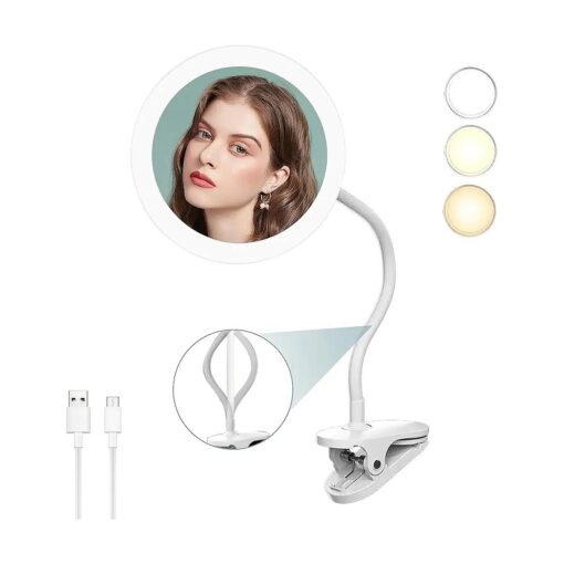 6.5" Clip On Gooseneck Makeup Vanity Mirror with Light, Gooseneck Vanity Mirror with Clip, 2000mAh USB Lighted Makeup Mirror with Clip, Lighted Vanity Mirror Clip-on, Travel Makeup Mirror ( White 1X )