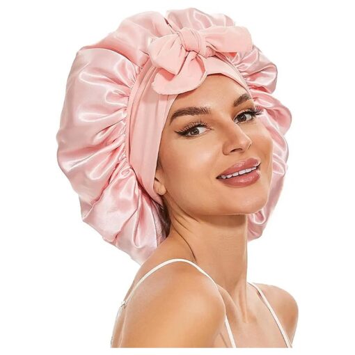 Large Silk Bonnet for Sleeping, Satin Hair Bonnet for Sleeping with Tie Band, Double Layer Satin Bonnets for Women Natural Curly Hair Shower cap