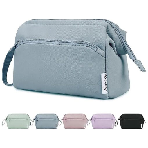 Narwey Large Women Makeup Bag Wide-open Make up Bag Travel Cosmetic Organizer Toiletry Bag for Cosmetics Toiletries Accessories ( Greyish Blue )