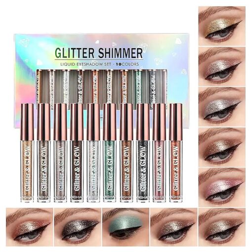 10 Colors Liquid Eyeshadow Metallic Glitter Eyeshadow Set Diamond Shimmer Sparkling Smokey Eye Looks Quick-Drying Waterproof Long Lasting for Women Eye Makeup Gift Kits