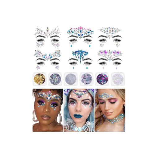 iMethod Face Jewels and Body Glitter - Face Gems, Mermaid Face Jewels Stick On, Holographic Cosmetic Face Glitter, for Festival Holiday Costumes & Halloween Alien Makeup, 12 Pcs