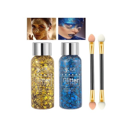 2 Color Body Glitter Gel Mermaid Scale Sequins Skin Long Lasting Sparkling Cream Eyeshadow Lip Nail Hair Painting Glitter Decorate Art Festival Party Make up Powder ( Gold, Blue ), with 2 Sponge Brush