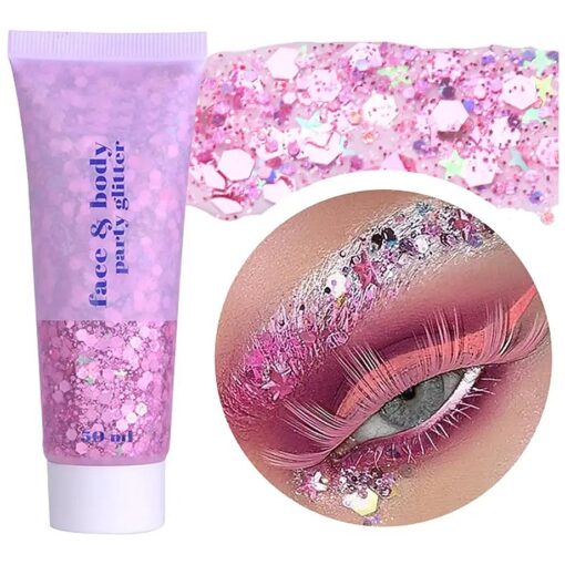 Pink Face Glitter Gel, Singer Concerts Music Festival Rave Accessories, Lover Heart Body Glitter Gel, Halloween Sequins Face Glitter Paint Makeup, Sparkling Hair Chunky Glitter for Women,50ML