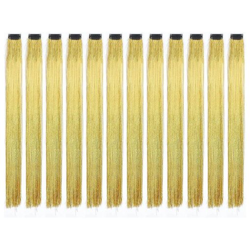 SWACC 12 Pcs Straight SWACC 12 Pcs Straight One Color Party Highlights Clip on in Hair Extensions Colored Hair Streak Synthetic Hairpieces ( Sparkling Tinsel Gold )