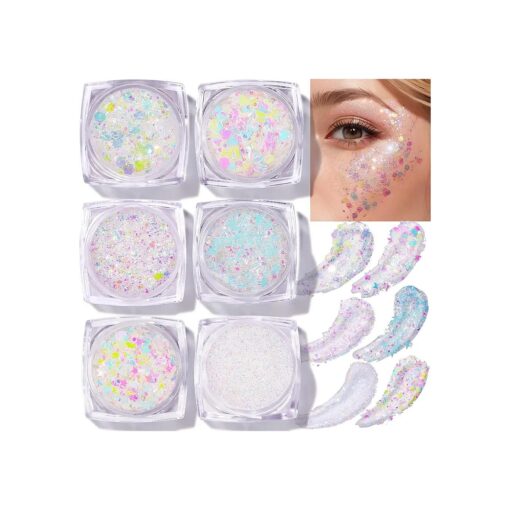 Teenitor Face Glitter Body Glitter, Clear White Body Glitter Gel, Hair Glitter Gel, 6 Shapes Rave Glitter, Mermaid Sequins Makeup Glitters Face Paint, Chunky Sparkling Glitter Gel for Women