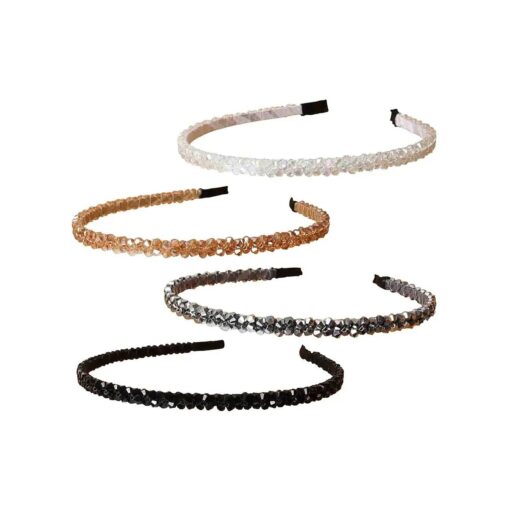 4 PK Crystal Rhinestone Headbands for Women Girls Double Rows Sparkly Beaded Hair Hoops Clear Black Weave Narrow Hair Bands Hair Accessories ( Color A )