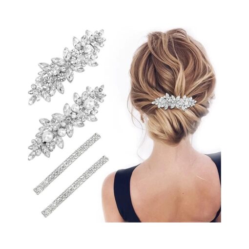 4 Pcs Hair Barrettes for Women Rhinestone Hair Clips Flower Hair Barrettes Crystal Pearl French Hairpins Hair Clip Barrettes for Women Wedding Accessories