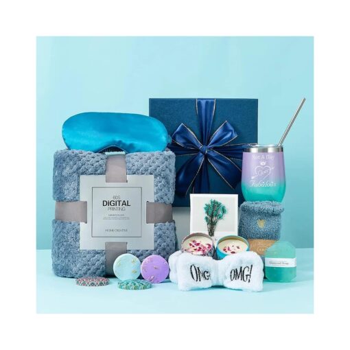 Gifts Basket for Women, Birthday Gifts for Women Friendship Gifts for Best Female Friend Care Package Gifts Blue Gift Box Relaxing Set Unique Mothers Day Gifts with Blanket for Mom, Wife, Sister