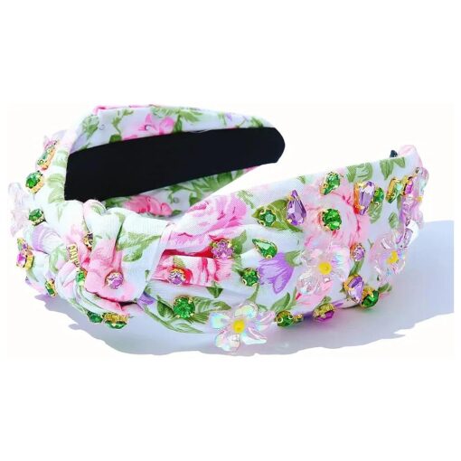 Women Knotted Jeweled Headband Floral Crystal Colorful Flower Headband Rhinestone Jeweled Gem Embellished Hairband Fashion Hair accessories in Spring Summer