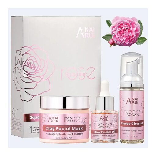 ANAiRUi Facial Skin Care Set - Rose Squalane Clay Mask - Rose Face Oil - Rosewater Foam Cleanser, Face Care Kit for Hydrating, Moisturizing, Firming, Skincare Gift Set