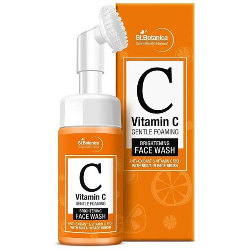 StBotanica Vitamin C Brightening Foaming Face Wash with Built in Brush 120ml - With Stabilised Vitamin C, Turmeric, Saffron, No Sulphate, Parabens