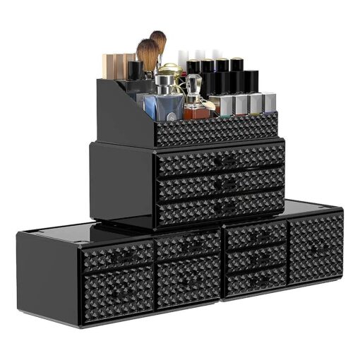 Awenia 4 Pack Stackable Makeup Organizer [ Upgraded ], Acrylic Cosmetics Storage Cases with 11 Drawers Perfume Organizers For Brush Holder or Jewelry Display, Plus Size ( Black )