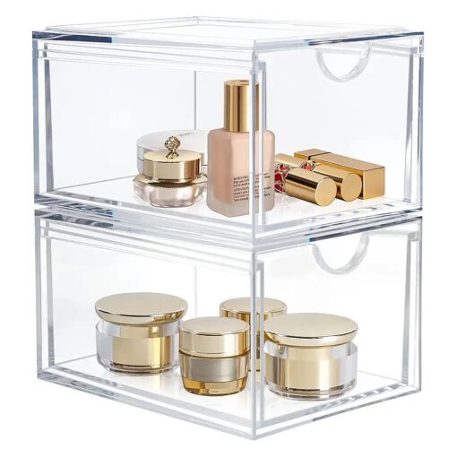 Stackable Cosmetic Organizer Drawers, Acrylic Clear Makeup Organizer, Vanity Container Drawer for Cosmetics, Skin Care, Hair Accessories, Bathroom Counter or Dresser - Set of 2