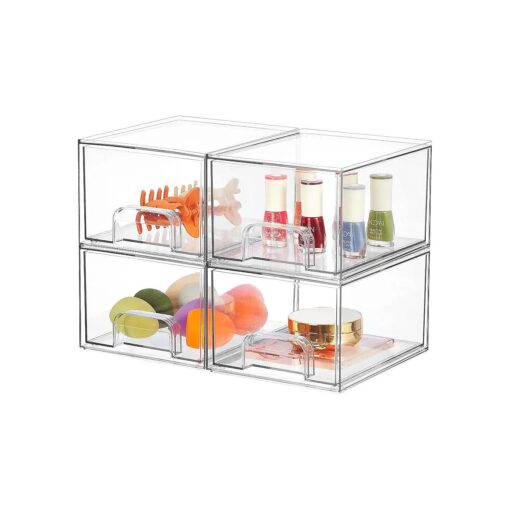 Syntus 4 Piece Set Stackable Makeup Organizers, 4.4" Tall Acrylic Drawer Organizer, Clear Plastic Cosmetics Storage Drawers for Vanity, Undersink, Bathroom Organizer, Skincare, Kitchen Cabinets