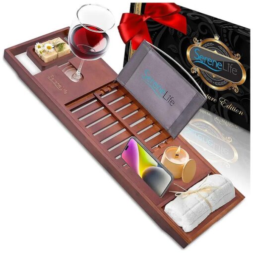 SereneLife Bamboo Bathtub Caddy with Luxury Gift Box and Red Gifting Ribbon Extendable & Adjustable Tray with Device/Book Holder with Removable Trays for Bath Accessories ( Stain Brown )